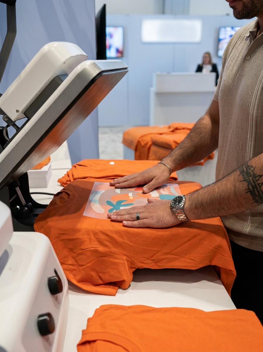 A person using a heat press to print an orange conference T-shirt
